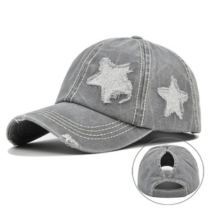 Gorra de béisbol DLS al por mayor con parche de estrella personalizado, estilo vintage desgastado, con orificio para coleta, OEM ODM para ropa urbana y uso diario informal. - Product Image 2