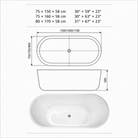 Baignoire ovale autoportante disponible en 150 cm, 160 cm, 170 cm, blanche brillante, à fond plat, avec drain central, personnalisable OEM, vente en gros