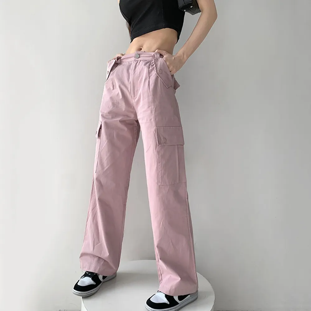 Vrouwen Meisjes Hoge Taille Casual Broek Katoen Losse Roze Zoete Losse Cool Cargo Broek