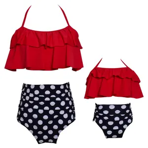 Gia Đình Quần Áo Màu Đỏ Ưa Thích Mặc Bikini Thiết Lập 2023 Nổ Mẹ Con Gái Đi Biển Bên Bờ Biển Kỳ Nghỉ Không Tay Và Inaka Quần Short Phù Hợp Với