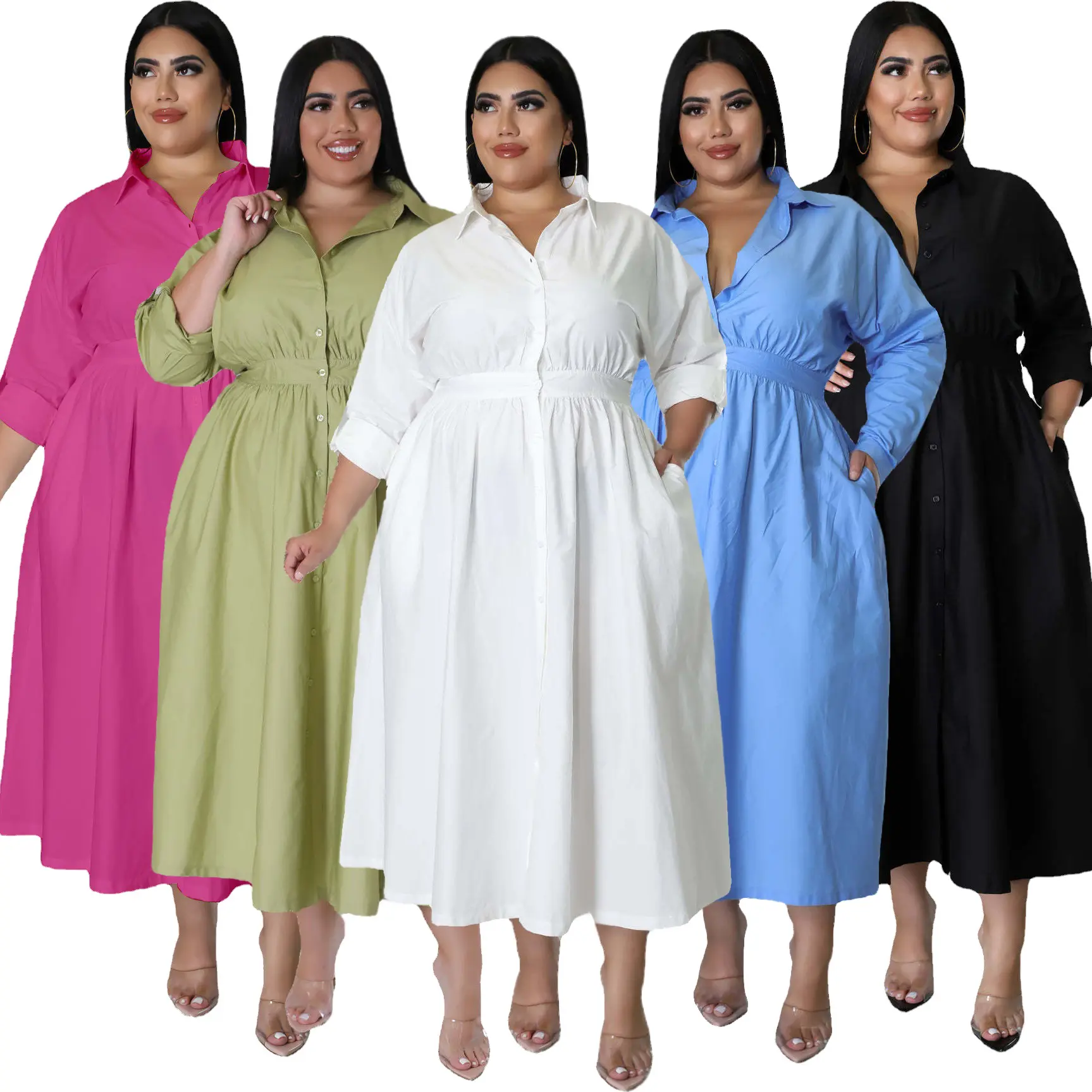 Q31110 Elegante África Mulheres Manga Longa Decote Em V Plus Size Vestido Sexy Plus Size Camisa de Lapela Vestido das Mulheres