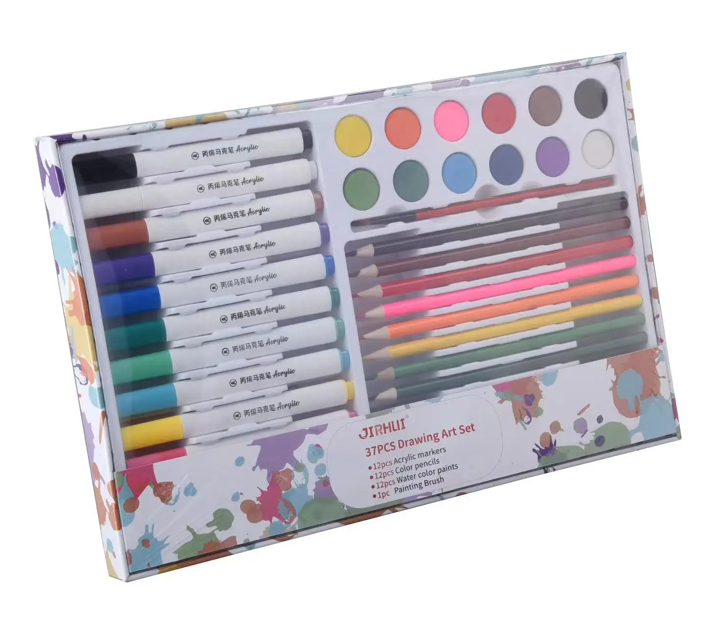 कस्टम पैकेज 12-रंग मार्कर रंगीन पेंसिल ब्रश कलाकार टूल किट बच्चों की कला पेंटिंग के लिए 37 पीसी स्टेशनरी उपहार सेट
