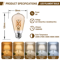 Ampoule LED à filament de verre ST19/ST58, éclairage décoratif à haut CRI90, dimmable, 8W, culot E26/E27/B22, pour la maison, l'hôtel, le commerce