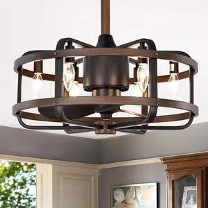 Retro Wood Grain Ceiling Fan With Light American Iron Industrial Style Chandelier For Living Room Dining Room Restaurant
