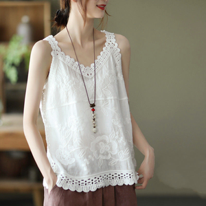 Top Básico de Verano Casual Vintage de Color Sólido sin Mangas con Cuello en V, Nueva Moda Elegante, Holgado y Cómodo, Top de Encaje para Mujer - Product Image 1