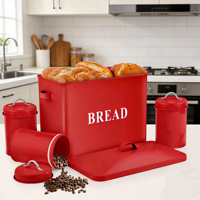 Boîte de rangement pour pain en métal rouge rectangulaire pour la cuisine, avec couvercle en métal et trous d'aération au dos, revêtement en poudre, récipient alimentaire