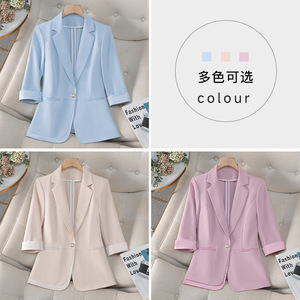 Light Blue Women's Blazer Slim Fit Solid Color Polyester Anti-Wrinkle Spring Summer Casual Suit Jacket For Petite Women - Product Image 4