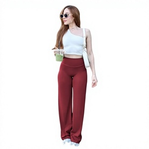 Pantalon taille haute à jambes larges pour femme, couleur bordeaux, sans couture, pour le yoga, le fitness et les tenues décontractées - Product Image 5