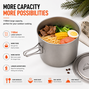 Pot en titane pur léger personnalisé de 1100 ml avec kit d'ustensiles à poignée pliable, équipement de randonnée et de camping en plein air pour 1 à 2 personnes - Product Image 2