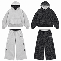 Erkekler Büyük Boy Kapşonlu Geniş Bacak Pantolon 2 Parça Leopar Baskı Polar Eşofman Basketbol Streetwear Jogger Takım Elbise Erkek Kadın Çift