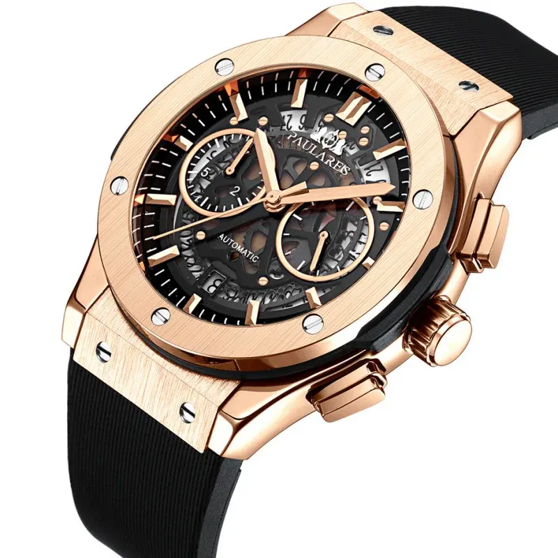 Paulareis quartz Rubber Band Multi-Function Running Seconds Timing Rose  Gold Men's Quartz Watch