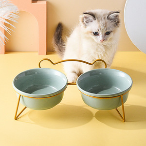 Comedero Elevado de Cerámica Verde, Amarillo y Azul para Mascotas, Perros y Gatos, con Soporte - Product Image 3