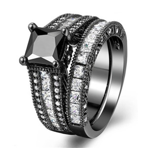 Black Women's Ring <b>Set</b> <b>Square</b> Zircon Inlaid Prong Setting Engagement Jewelry Geometric Design Gunslinger Black Rings - Product Image 1
