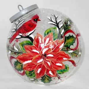 Room decoration christmas crystal ball 5.91 INCH Hand painted poinsettia glass ornament with BO copper lights for Home decor