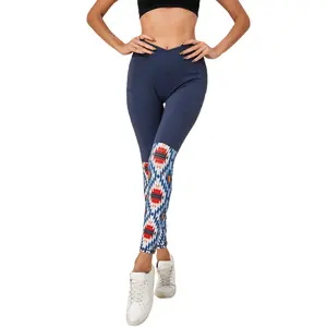 Celana Ketat Wanita Motif Pola Aztec, Celana Legging Pinggang Tinggi Elastis, Celana Ketat Olahraga Fitness