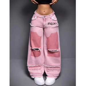 Nuovi <span class=keywords><strong>Jeans</strong></span> Rosa Personalizzati per <span class=keywords><strong>Donna</strong></span>, con <span class=keywords><strong>Motivi</strong></span> Traforati e Sfumati, Stile Oversize Hip-Hop - Product Image 1