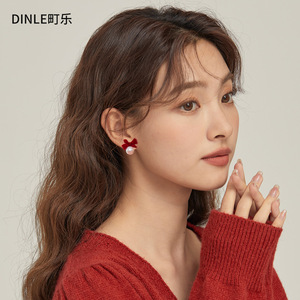 Dinle Red <b>Bow</b> Pearl Stud Earrings S925 Silver Women Fashion Jewelry <b>Gift</b> - Product Image 1