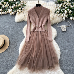 两件套汗衫优雅两件套秋季无袖背心长袖针织连衣裙网眼面板分层两件套女装 - Product Image 3