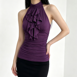 Purple Crew Neck Ruched Ruffle Ribbons Knitted Spandex/Polyester Sleeveless Sexy Backless Club Women's Tank <b>Top</b> - Product Image 4