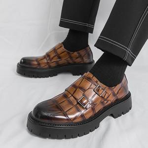 Zapatos de Hombre con Estampado de Cocodrilo Marrón, Doble Hebilla, Suela Gruesa, Formales, para Boda, Uso Diario, Negocios, <span class=keywords><strong>Mocasines</strong></span> de Cuero - Product Image 3