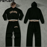 Ensemble de survêtement imprimé léopard OEM/ODM, double ceinture, coupe oversize, sweat à capuche et pantalon de jogging épais, vente en gros