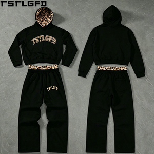 Ensemble de survêtement imprimé léopard OEM/ODM, double ceinture, coupe oversize, sweat à capuche et pantalon de jogging épais, vente en gros - Product Image 3