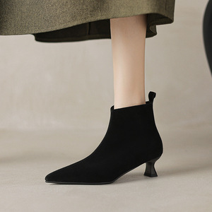 Botines de tacón bajo de ante con punta, elegantes y adelgazantes para mujer, estilo francés. - Product Image 5