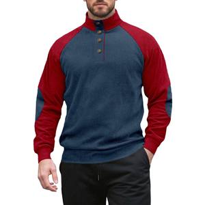Sweat-shirt à manches longues pour homme, col montant, design boutonné, en velours côtelé, style patchwork rouge et bleu, vêtements de loisirs - Product Image 1