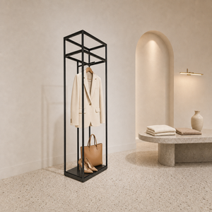 Présentoir autoportant en tube carré pour vêtements avec barre de suspension et plateau de base pour boutique, showroom et présentation en magasin - Product Image 4