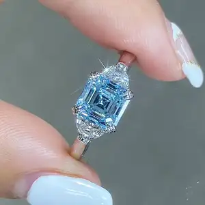 CVD Asscher taglio 1.8ct VS2 gioielli abbinati NGTC certificato 18K oro laboratorio coltivato anello di diamanti blu