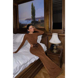 Vestido de Noche Formal Marrón Fierello, Talla XS-XL, Cintura Imperio, Estilo Romántico, Decoración con Lentejuelas, para Fiestas Formales - Product Image 4