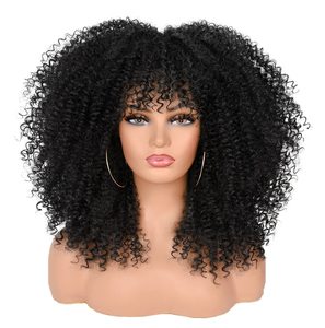 Perruques bouclées FUJAI de 16 pouces pour femmes noires, perruque Afro Bomb avec frange, fibre <span class=keywords><strong>haute</strong></span> <span class=keywords><strong>température</strong></span>, densité 100 %, cheveux bouclés crépus sans colle - Product Image 2