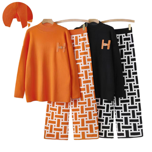 Ensemble haut et jupe en tricot à motifs géométriques décontractés pour femmes, manches longues, taille plus, 100% polyester, lavable - Product Image 1