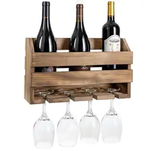 Rustic Wooden Wall Mounted Wine Rack Wine Bottles & 4 Stemware Glass Holder for Home Bar, Kitchen, Farmhouse Decor