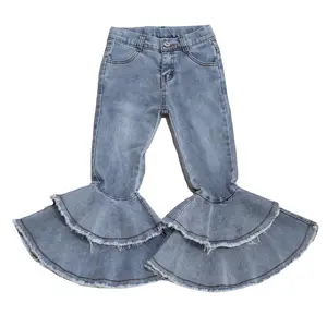 Toddler Trousers Flare Bottom Little Blue Elastic Denim Jeans Baby Girl Double Ruffles Pants for Wholesale