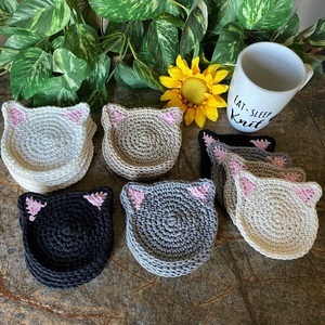 Crocheted Cat Ear Coasters Set Reusable Home Decor Coasters in White Beige Black Gray with Pink Ears Handmade Knit Pattern - Product Image 1