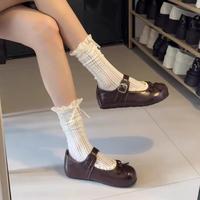 Chaussettes mi-mollet pour femme, style ballet, antidérapantes, à volants, en maille fine, en tissu mélangé, avec nœuds et dentelle, collection Printemps