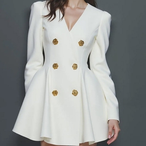 Elegante <span class=keywords><strong>Abito</strong></span> a Maniche Lunghe <span class=keywords><strong>con</strong></span> Scollo a V, Nuovo Stile Autunnale, <span class=keywords><strong>Doppiopetto</strong></span>, Leggero e Lussuoso, Lunghezza al Ginocchio, Tinta Unita, Lavabile, <span class=keywords><strong>con</strong></span> Cerniere - Product Image 2