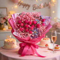 Buket Bunga Awet Warna Pink, Bunga Kering Buatan Tangan, Kotak Hadiah Bulat Dekoratif untuk Pernikahan dan Hari Valentine