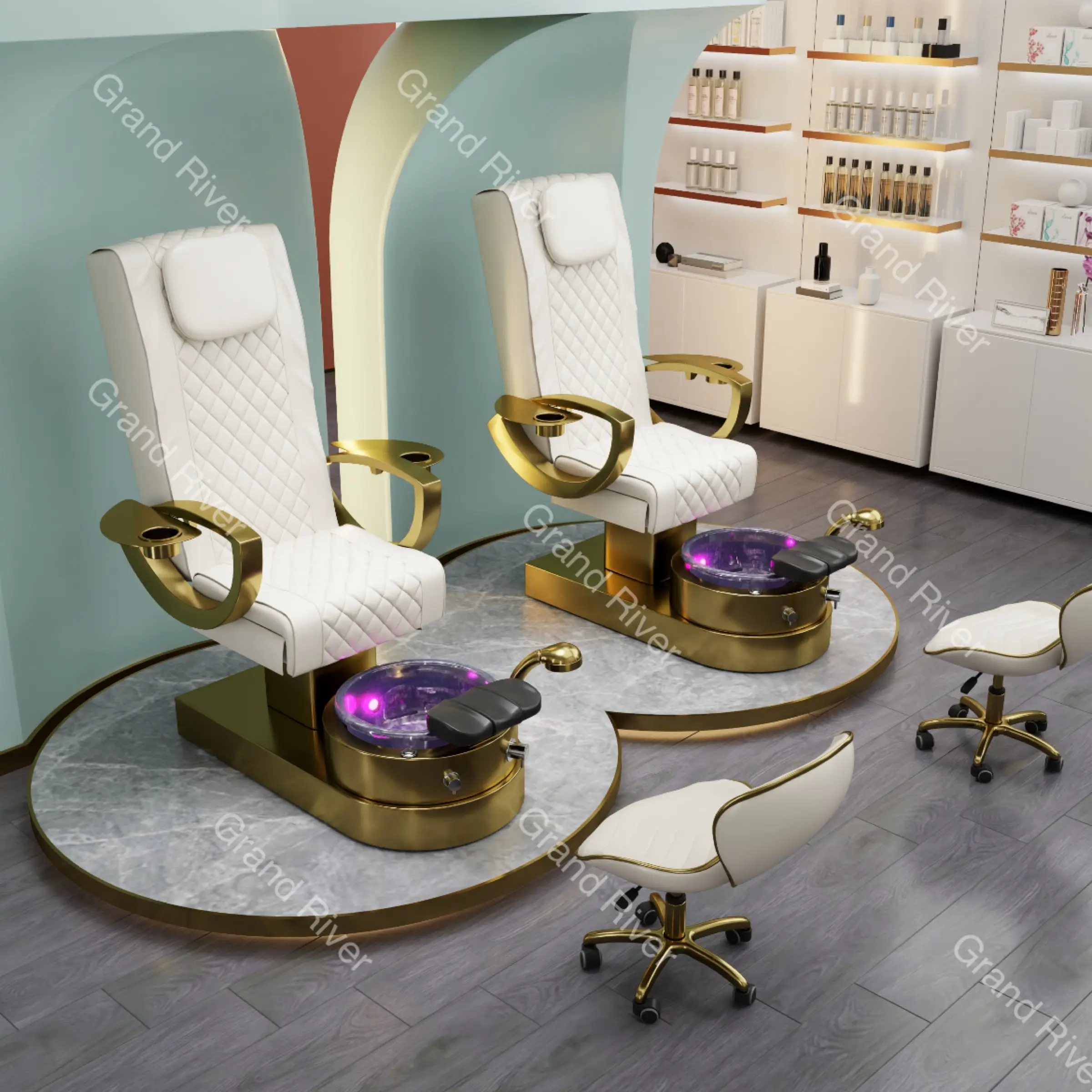 Factory Direct Nail Salon Furniture Equipment White Golden Electric Reclining Massage Manicure Foot Spa Luxury Pedicure