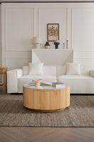 Table basse Voxhome moderne en bois plaqué sculpté en 3D, design élégant avec panneau rond en marbre, style bois, meubles de maison