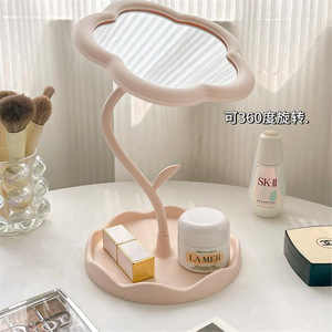 Miroir de maquillage de bureau en forme de fleur avec plateau de rangement, rotation à 360 degrés, pour étudiants, dortoir, bureau, utilisation comme miroir de vanité - Product Image 3