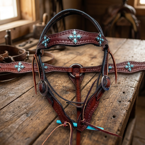 Ensemble de sellerie western en cuir véritable de qualité supérieure, orné de pierres turquoise, avec têtière et collier de poitrail souples pour l'équitation - Product Image 2