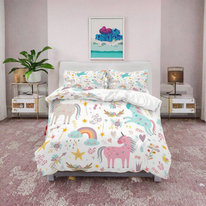 Parure de lit licorne moderne pour filles, motif dessin animé, taille Queen, rose/bleu/gris, fleurs, arc-en-ciel, étoiles, 3 pièces, 2 taies d'oreiller, polyester - Product Image 2