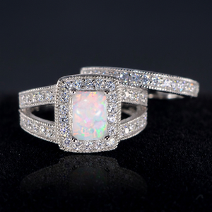 Conjuntos de Anillos de Compromiso con Ópalo Australiano Fino, Plata de Ley Chapada en Rodio, Ópalo Sintético Blanco, Joyería para Regalo de Boda - Product Image 3