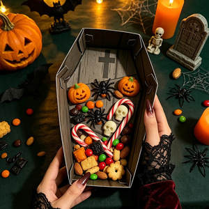 Boîte à bonbons en forme de cercueil pour Halloween, plateau pliable pour friandises, en plastique noir, impression numérique, conteneur alimentaire, emballage pour cadeaux de fête, DTF - Product Image 5