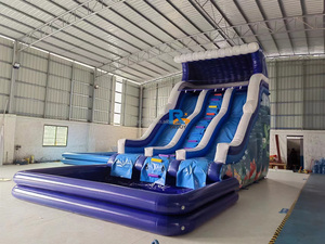 ราคาโรงงาน สไลเดอร์น้ำเป่าลมกลางแจ้ง สไลเดอร์น้ำเป่าลมรูปโลมาสีฟ้าสำหรับเด็ก สไลเดอร์น้ำเป่าลมแบบคู่ - Product Image 4