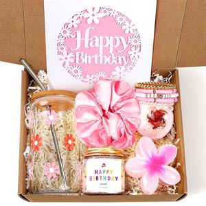 Elegant Pink Birthday <b>Gift</b> Set for Women Girls with Handmade Floral Cup, Scented Candle, Bath Bomb, Silk Scrunchie, and Beaded - Product Image 1