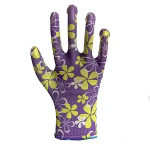 Gants de jardin personnalisables à motif mignon Doublure imprimée Motif floral enduit de nitrile Gants de jardinage résistants à l'usure