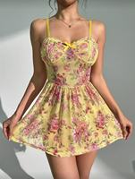 Robe Babydoll Florale en Maille B1034 pour Femme, Coupe Empire, Mini Robe Cami Ligne A, Bretelles Réglables, Nœud Blanc, Bonnets Doublés